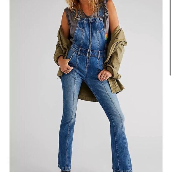 FREE PEOPLE CAMILLA SLIM BOOT OVERALL INTO THE BLUE 2 NWT - Picture 1 of 6